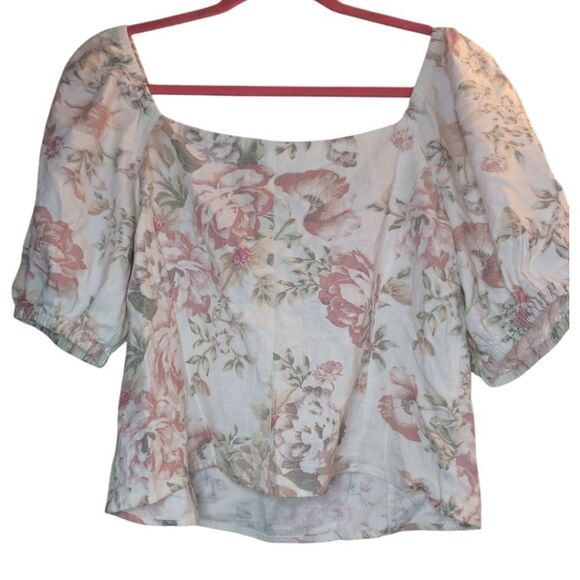 Linen square neck puff sleeve cropped blouse floral size M - Picture 7 of 14